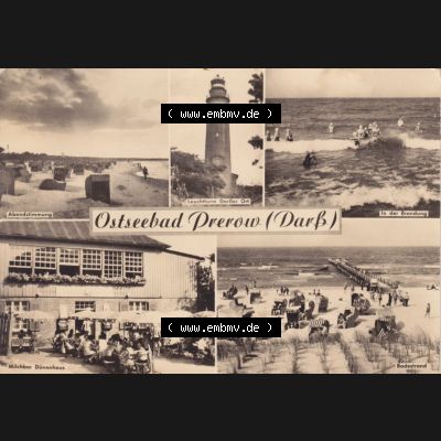 Ansichtskarte DDR Bezirk Rostock, Kreis Ribnitz-Damgarten Ostseebad Prerow Bildpostkarte in s/w - schwarzweiß Abendstimmung, Leuchtturm, Brandung, Milchbar Dünenhaus.... Sammlung