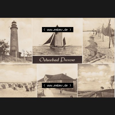 Ansichtskarte DDR Bezirk Rostock, Kreis Ribnitz-Damgarten Ostseebad Prerow Bildpostkarte in s/w - schwarzweiß Leuchtturm, Segelschiff, Dünenhaus. Ansichtskarte bzw.... Sammlung