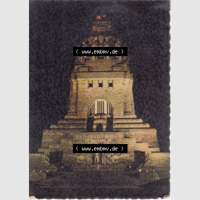 Ansichtskarten DDR Bezirk Leipzig, Leipzig Stadt in Farbe, 196x, Völkerschlacht-Denkmal bei Nacht, gelaufen mit Stempel mit Briefmarke von 196x Sammlung