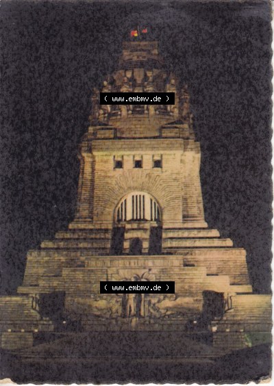Ansichtskarten DDR Bezirk Leipzig, Leipzig Stadt in Farbe, 196x, Völkerschlacht-Denkmal bei Nacht, gelaufen mit Stempel mit Briefmarke... Sammlung