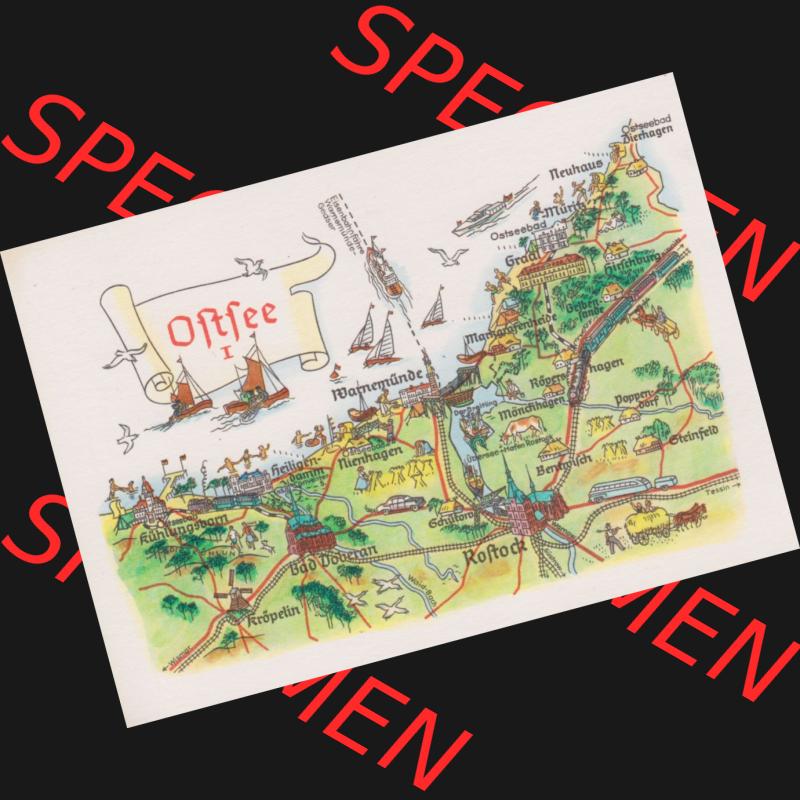 Ansichtskarte mit DDR Karten-Zeichnung 1970, Ostsee - Landkarte gezeichnet und herausgegeben, bzw. an Urlauber in der Deutschen Demokratischen Republik verkauft. Sammlung