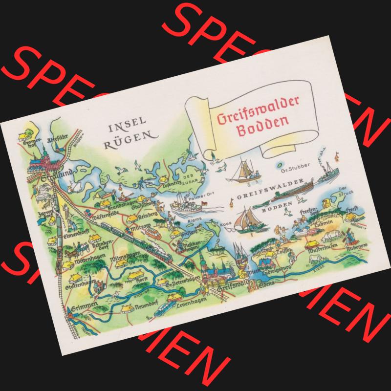 Ansichtskarte mit DDR Karten-Zeichnung 1970, Greifswalder Bodden - Landkarte gezeichnet und herausgegeben, bzw. an Urlauber in der Deutschen Demokratischen Republik verkauft. Sammlung