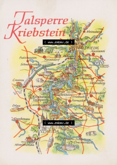 Ansichtskarte mit DDR Karten-Zeichnung 1970, Talsperre Kriebstein - Landkarte gezeichnet -.-.- Sammlung