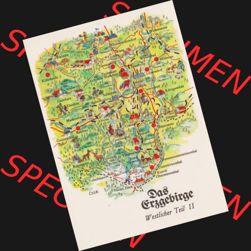 Ansichtskarte mit DDR Karten-Zeichnung 1980, Das Erzgebirge Westlicher Teil II - Landkarte gezeichnet und herausgegeben, bzw. an Urlauber in der Deutschen Demokratischen Republik verkauft. Sammlung
