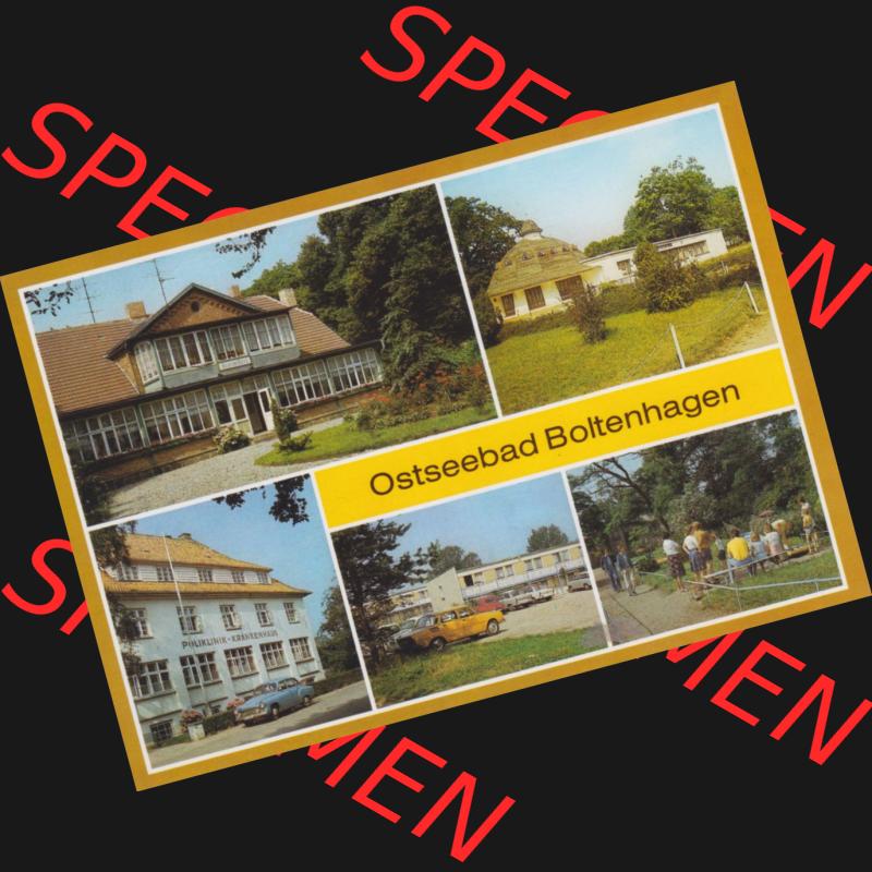 Ansichtskarte mit Ansichten der DDR Bezirk Rostock, Kreis Grevesmühlen, Ostseebad Boltenhagen 1986, Haus am Meer, Pavillon-Bar, Poliklinik-Krankenhaus, Urlauberdorf,... Sammlung