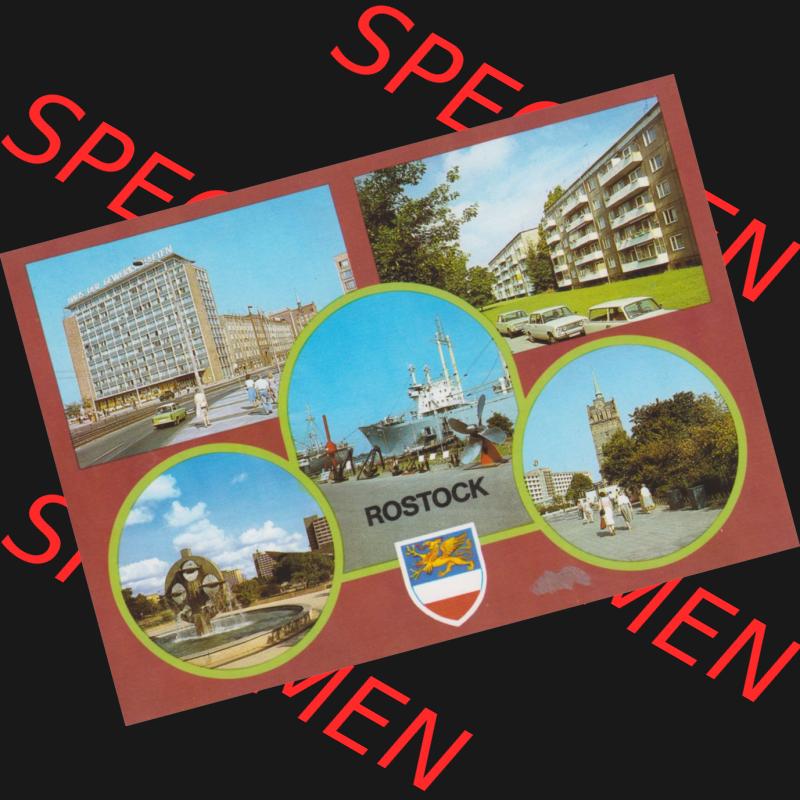 Alte Ansichtskarte mit Ansichten der DDR Bezirk Rostock, Stadtkreis Rostock, Hansestadt Rostock 1986, Südstadt - Wasserspiel, Springbrunnen, Technisches Denkmal.... Sammlung
