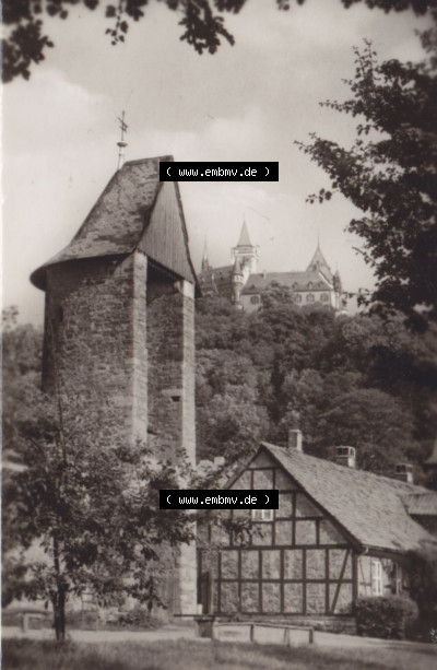 Stadt Wernigerode am Harz 1970, Alter Wachturm mit Blick auf Schloss. Das alte Foto Sammlung
