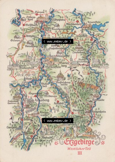 Ansichtskarte mit DDR Karten-Zeichnung 1964, Erzgebirge Westlicher Teil III - Landkarte gezeichnet -.-.- Sammlung
