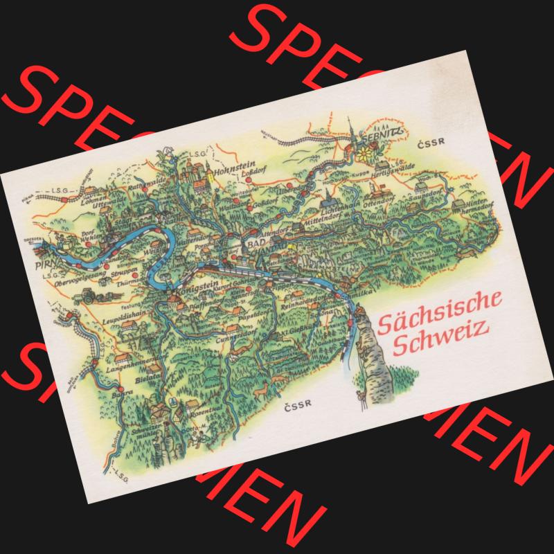 Ansichtskarte mit DDR Karten-Zeichnung 1970, Sächsische Schweiz - Landkarte gezeichnet und herausgegeben, bzw. an Urlauber in der Deutschen Demokratischen Republik verkauft. Sammlung