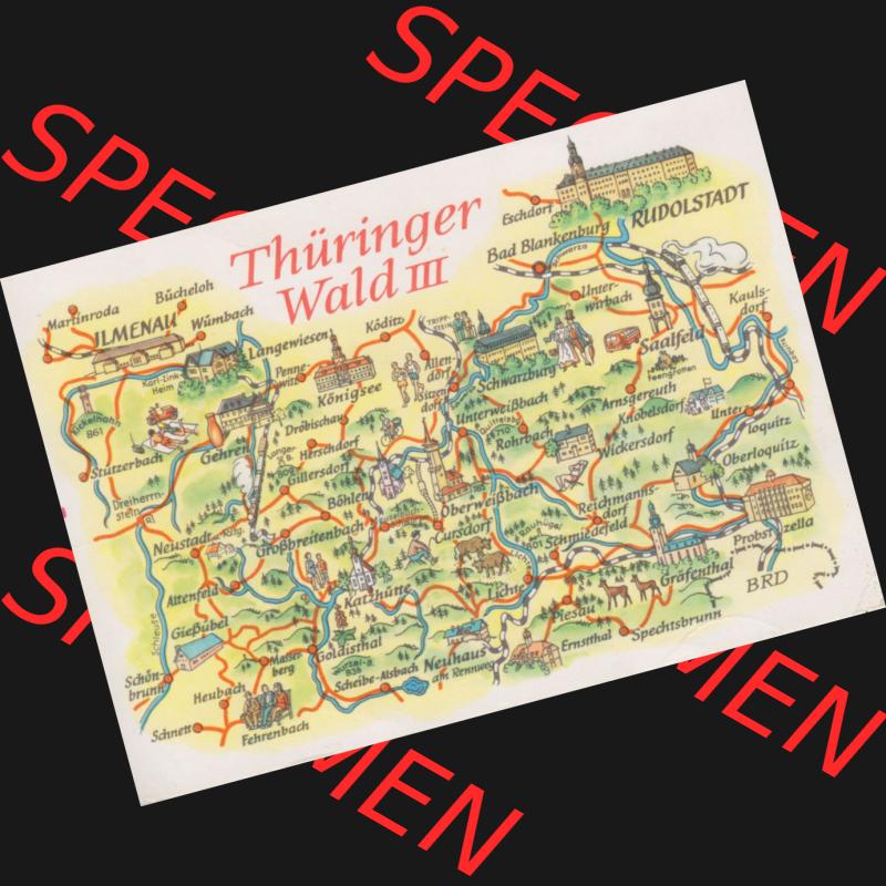 Ansichtskarte mit DDR Karten-Zeichnung 1979, Thüringer Wald III - Landkarte gezeichnet und herausgegeben, bzw. an Urlauber in der Deutschen Demokratischen Republik verkauft. Sammlung