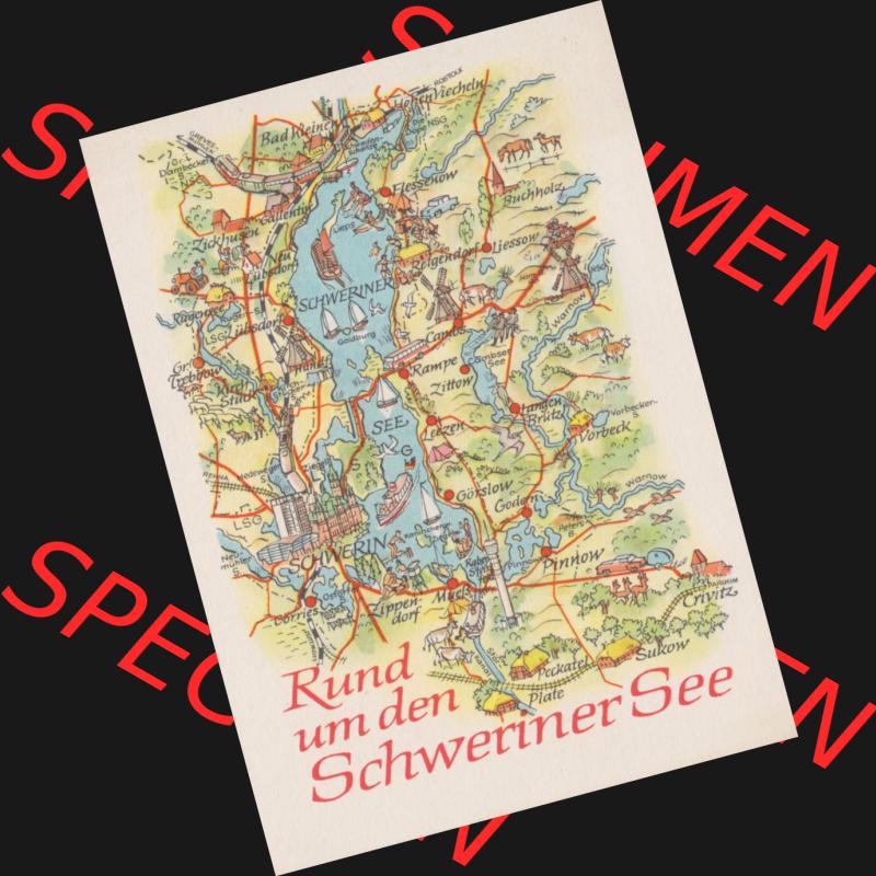 Ansichtskarte mit DDR Karten-Zeichnung 1968, Rund um den Schweriner See - Landkarte gezeichnet und herausgegeben, bzw. an Urlauber in der Deutschen Demokratischen Republik verkauft. Sammlung