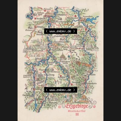 Ansichtskarte mit DDR Karten-Zeichnung 1964, Erzgebirge Westlicher Teil III - Landkarte gezeichnet und herausgegeben, bzw. an Urlauber in der Deutschen Demokratischen Republik verkauft. Sammlung