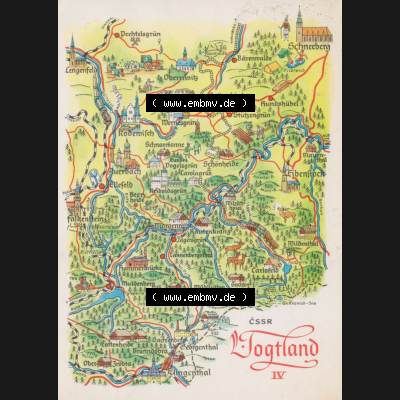 Ansichtskarte mit DDR Karten-Zeichnung 1975, Vogtland IV - Landkarte gezeichnet und herausgegeben, bzw. an Urlauber in der Deutschen Demokratischen Republik verkauft. Sammlung