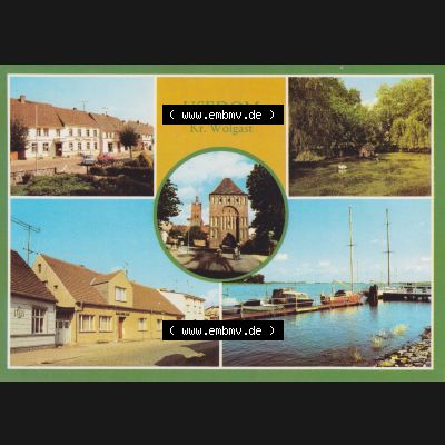 Ansichtskarte DDR Bezirk Rostock, Kreis Wolgast, Insel Usedom 1985, Markt, Park, Klubhaus, Anklamer Tor, Hafen, Mehrbildkarte. Alte Ansichtskarte... Sammlung