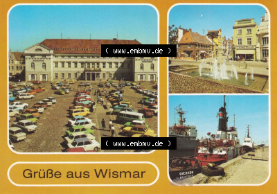 Stadt Wismar mit Ansichten Marktplatz mit Rathaus, Wasserspiele in der Krämerstrasse, Schlepper am Kai, der DDR Bezirk Rostock,... Sammlung