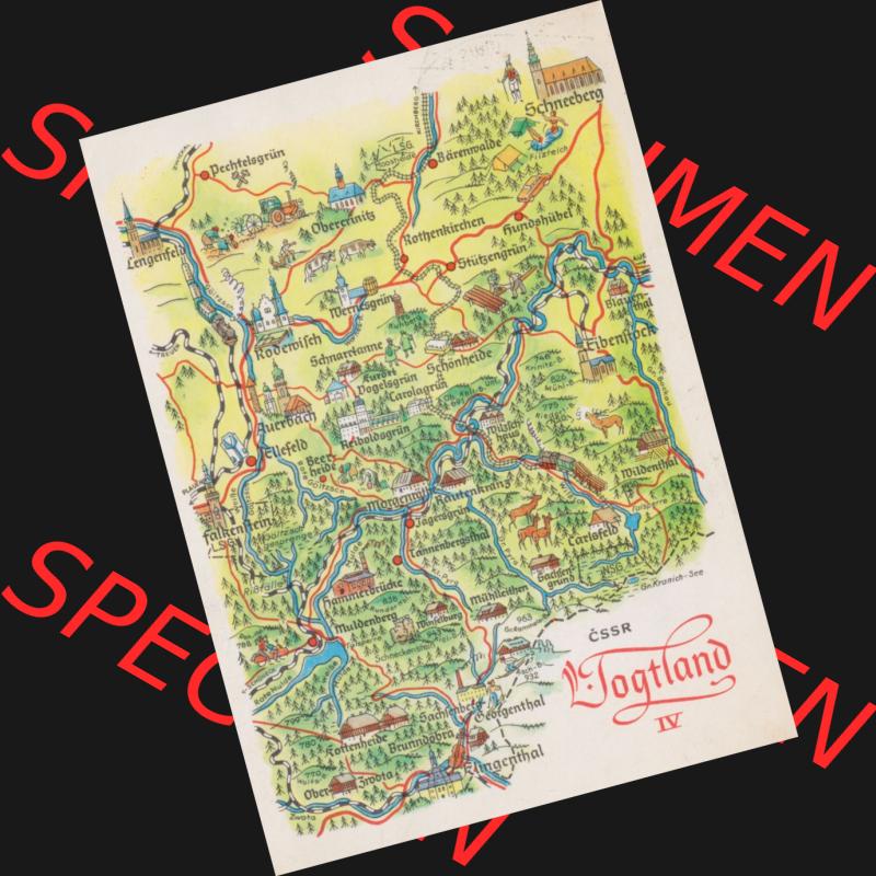 Ansichtskarte mit DDR Karten-Zeichnung 1975, Vogtland IV - Landkarte gezeichnet und herausgegeben, bzw. an Urlauber in der Deutschen Demokratischen Republik verkauft. Sammlung