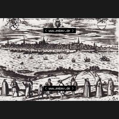 Ansichtskarte DDR Bezirk Rostock, Stadtkreis Rostock, Hansestadt Rostock Ansicht 1980, Blick auf Rostock, Kupferstich von Braun 1597, Einbildkarte. Alte Ansicht in... Sammlung