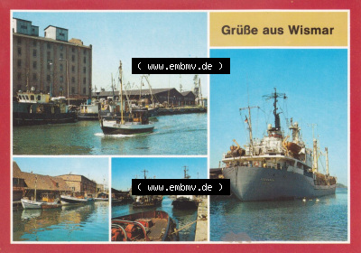 Stadt Wismar mit Ansichten Fischkutter am Stadthafen, FPG V. Parteitag, Schlepper und vertäuter Frachter, Ansichten der DDR Bezirk... Sammlung