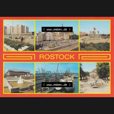 Ansichtskarte DDR Bezirk Rostock, Stadtkreis Rostock, Hansestadt Rostock Ansicht 1986, Wohnhochhaus am Wilhelm-Pieck-Ring, Stadtzentrum mit Marienkirche, Überseehafen.... Sammlung