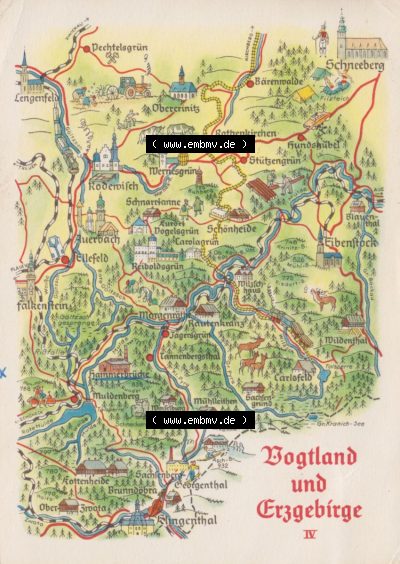 Ansichtskarte mit DDR Karten-Zeichnung 1963, Vogtland und Erzgebirge IV - Landkarte gezeichnet -.-.- Sammlung