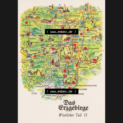 Ansichtskarte mit DDR Karten-Zeichnung 1980, Das Erzgebirge Westlicher Teil II - Landkarte gezeichnet und herausgegeben, bzw. an Urlauber in der Deutschen Demokratischen Republik verkauft. Sammlung