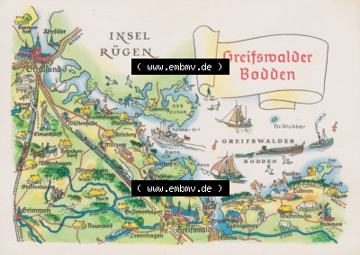 Ansichtskarte mit DDR Karten-Zeichnung 1970, Greifswalder Bodden - Landkarte gezeichnet -.-.- Sammlung