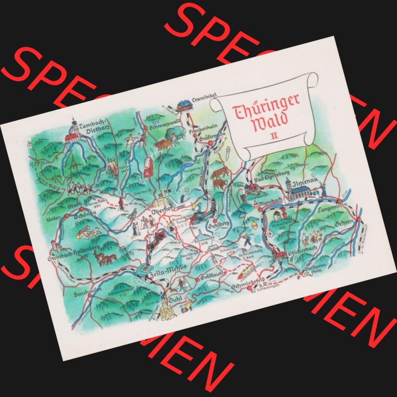 Ansichtskarte mit DDR Karten-Zeichnung 1970, Thüringer Wald II - Landkarte gezeichnet und herausgegeben, bzw. an Urlauber in der Deutschen Demokratischen Republik verkauft. Sammlung