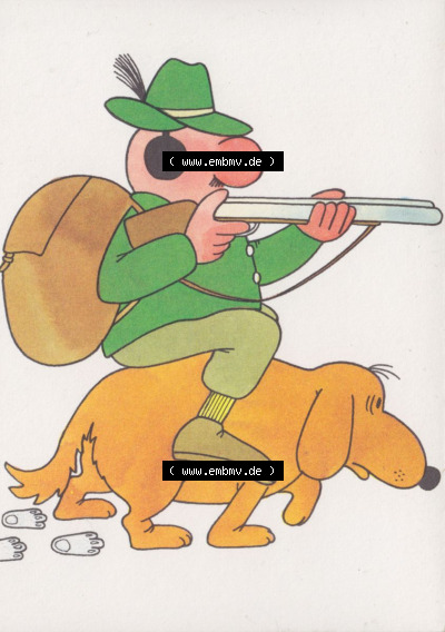 Ansichtskarten DDR Comics, Jäger mit Hund von 1986, Comic mit Jagd-Hunden und Jäger vom Militärverlag der DDR (VEB) - Berlin,... Sammlung