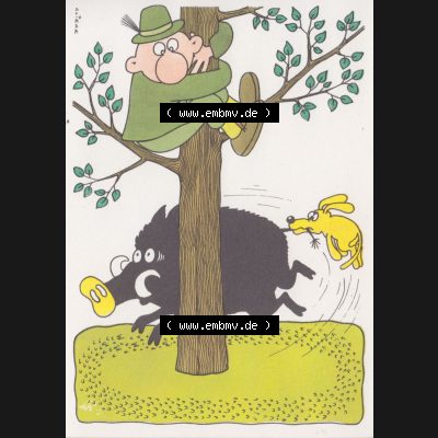 Ansichtskarten DDR Comics, Jäger mit Hund von 1986, Hussa, faß die Sau am Pürzel vom Militärverlag der DDR (VEB) - Berlin, Comics gezeichnet von Eugen... Sammlung
