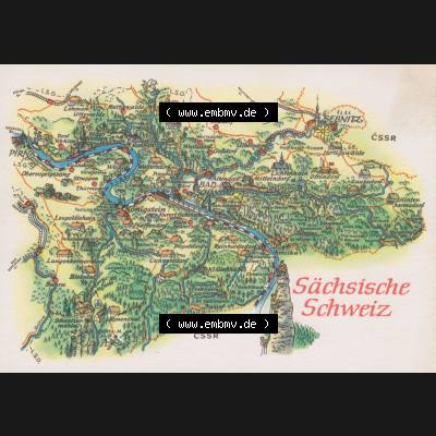 Ansichtskarte mit DDR Karten-Zeichnung 1970, Sächsische Schweiz - Landkarte gezeichnet und herausgegeben, bzw. an Urlauber in der Deutschen Demokratischen Republik verkauft. Sammlung
