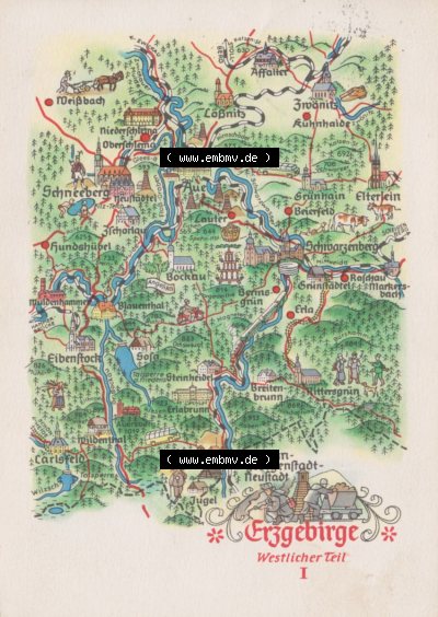 Ansichtskarte mit DDR Karten-Zeichnung 1968, Erzgebirge Westlicher Teil I - Landkarte gezeichnet -.-.- Sammlung