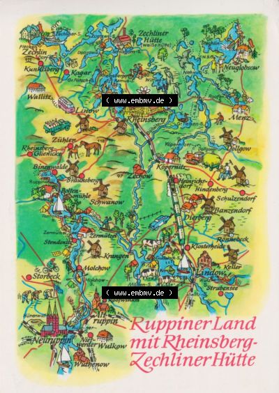 Ansichtskarte mit DDR Karten-Zeichnung 1986, Ruppiner Land mit Rheinsberg- Zechliner Hütte - Landkarte gezeichnet -.-.- Sammlung