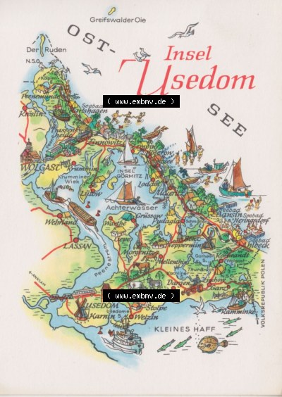 Ansichtskarte mit DDR Karten-Zeichnung 1970, Ost-Insel Usedom - Landkarte gezeichnet -.-.- Sammlung