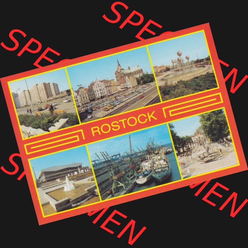 Ansichtskarte DDR Bezirk Rostock, Stadtkreis Rostock, Hansestadt Rostock Ansicht 1986, Wohnhochhaus am Wilhelm-Pieck-Ring, Stadtzentrum mit Marienkirche, Überseehafen.... Sammlung
