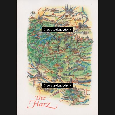 Ansichtskarte mit DDR Karten-Zeichnung 1977, Der Harz - Landkarte gezeichnet und herausgegeben, bzw. an Urlauber in der Deutschen Demokratischen Republik verkauft. Sammlung
