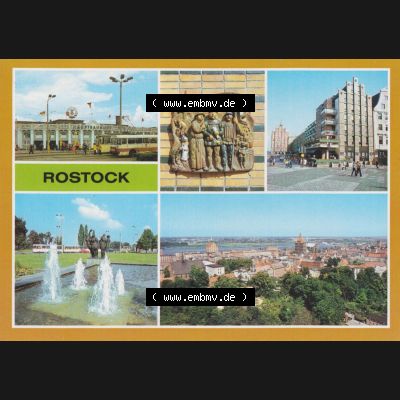 Ansichtskarte DDR Bezirk Rostock, Stadtkreis Rostock, Hansestadt Rostock Ansicht 1985, Rostocker Hauptbahnhof, Terrakotta am Giebelhaus Kröpeliner Straße, Mehrbildkarte.... Sammlung