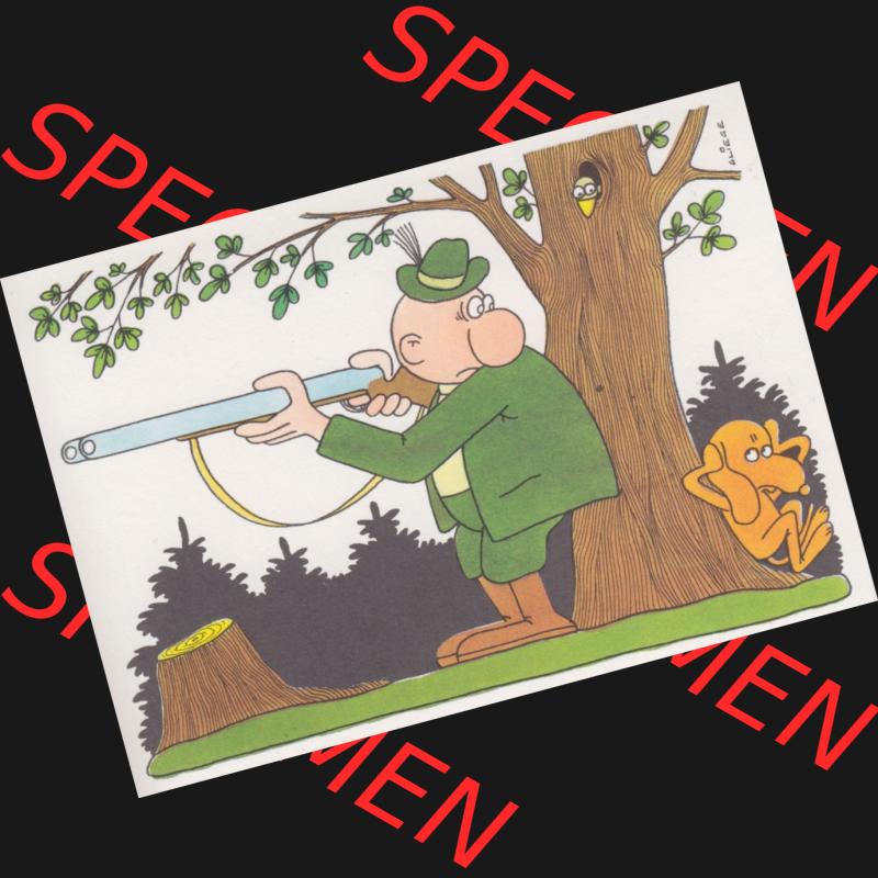 Ansichtskarten DDR Comics, Jäger mit Hund von 1986, Mit alten Hunden ist sichere Jagd vom Militärverlag der DDR (VEB) - Berlin, Comics gezeichnet von Eugen Gliege Sammlung