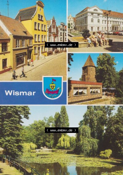 Stadt Wismar, Bohrstraße, Blick zum Westportal des Rathauses, Lindengarten. Alte Ansichtskarte mit Ansichten der DDR Sammlung