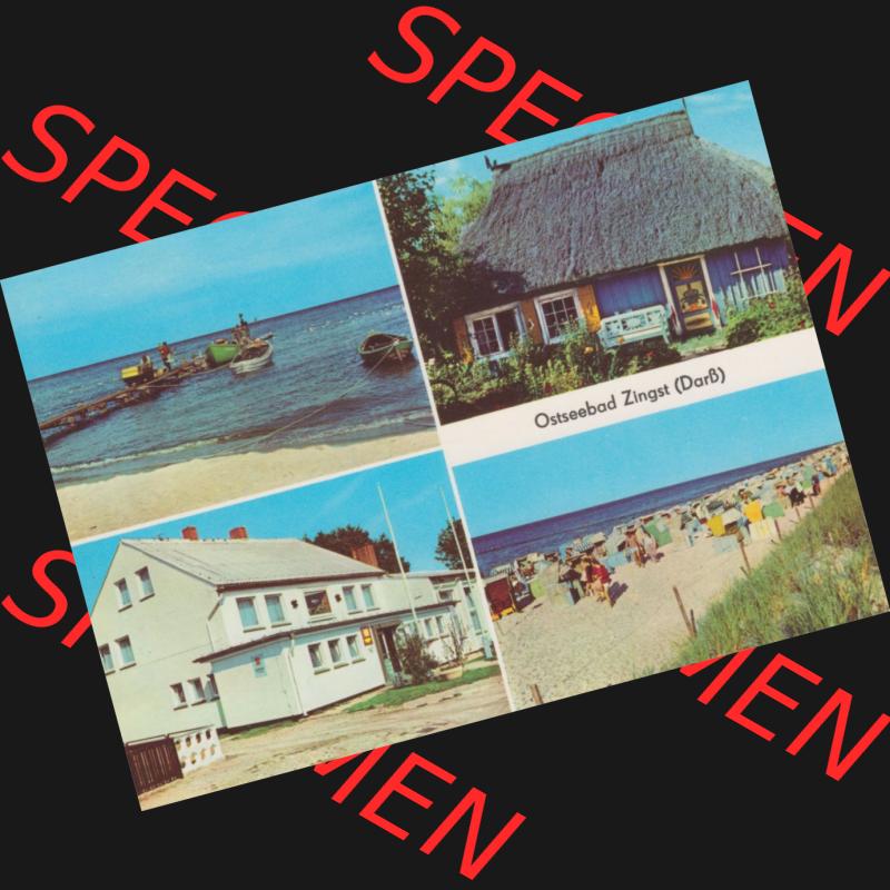 Alte Ansichtskarte DDR Bezirk Rostock, Kreis Ribnitz-Damgarten, Ostseebad Zingst 1983, Am Fischerstrand, Rohrdachkaten, FDGB-Erholungsheim Stranddistel. Alte Ansichtskarte... Sammlung