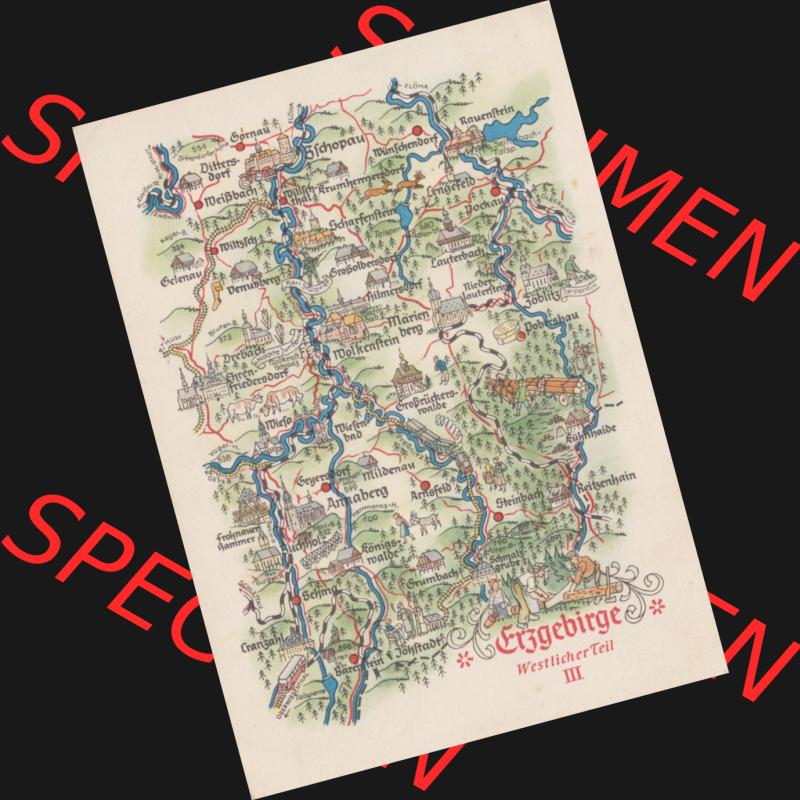 Ansichtskarte mit DDR Karten-Zeichnung 1964, Erzgebirge Westlicher Teil III - Landkarte gezeichnet und herausgegeben, bzw. an Urlauber in der Deutschen Demokratischen Republik verkauft. Sammlung