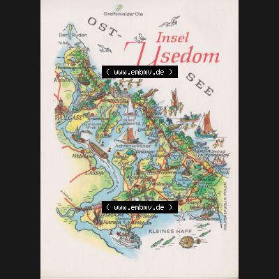 Ansichtskarte mit DDR Karten-Zeichnung 1970, Ost-Insel Usedom - Landkarte gezeichnet und herausgegeben, bzw. an Urlauber in der Deutschen Demokratischen Republik verkauft. Sammlung