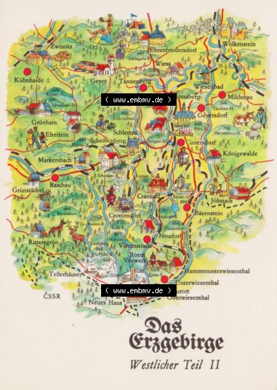 Ansichtskarte mit DDR Karten-Zeichnung 1980, Das Erzgebirge Westlicher Teil II - Landkarte gezeichnet -.-.- Sammlung
