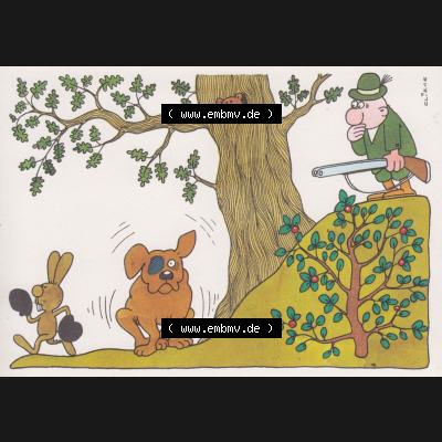 Ansichtskarten DDR Comics, Jäger mit Hund von 1986, Viele Hunde sind des Hasen Tod vom Militärverlag der DDR (VEB) - Berlin, Comics gezeichnet von Eugen Gliege Sammlung