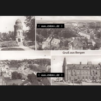 Ansichtskarte DDR Bezirk Rostock, Kreis Rügen, Stadt Bergen auf Rügen 1989, Rugardturm, Südstadt, Karl-Marx-Platz, Postamt. DDR Bezirk Rostock,... Sammlung