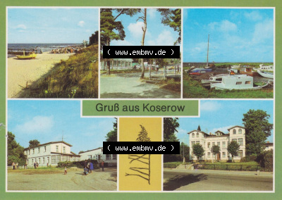 Alte Ansichtskarte DDR Bezirk Rostock, Kreis Wolgast, Insel Usedom in Farbe 1985, Gruß aus Koserow, Strand, Campingplatz, Bootshafen,... Sammlung