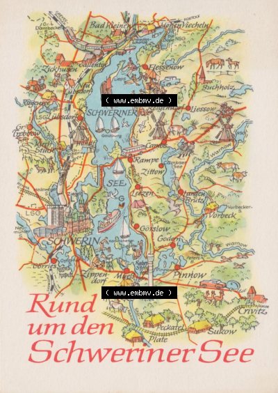 Ansichtskarte mit DDR Karten-Zeichnung 1968, Rund um den Schweriner See - Landkarte gezeichnet -.-.- Sammlung