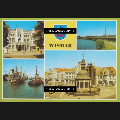 Ansichtskarten DDR Bezirk Rostock, Kreis Wismar, Stadt Wismar, Stadthaus am Marktplatz, Hochbrücke über den Mühlenteich, Schlepper am Kai. Alte Ansichtskarte... Sammlung