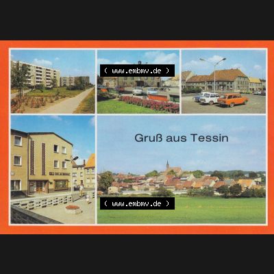 Alte Ansichtskarte DDR Bezirk Rostock, Kreis Rostock, Tessin 1986, Neubauten am Rosengarten, Rathaus, Marktplatz, Am Mühlenberg. Sammlung
