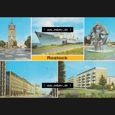 Alte Ansichtskarte mit Ansichten der DDR Bezirk Rostock, Stadtkreis Rostock, Hansestadt Rostock 1978, Kröpeliner-Tor, Schiff vom Typ Frieden, Lange Straße,... Sammlung