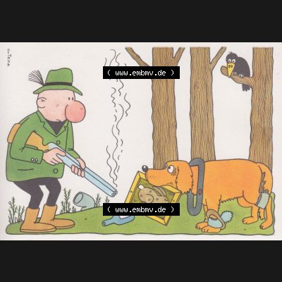 Ansichtskarten DDR Comics, Jäger mit Hund von 1986, Guter Schuß erspart die Suche vom Militärverlag der DDR (VEB) - Berlin, Comics gezeichnet von Eugen Gliege Sammlung
